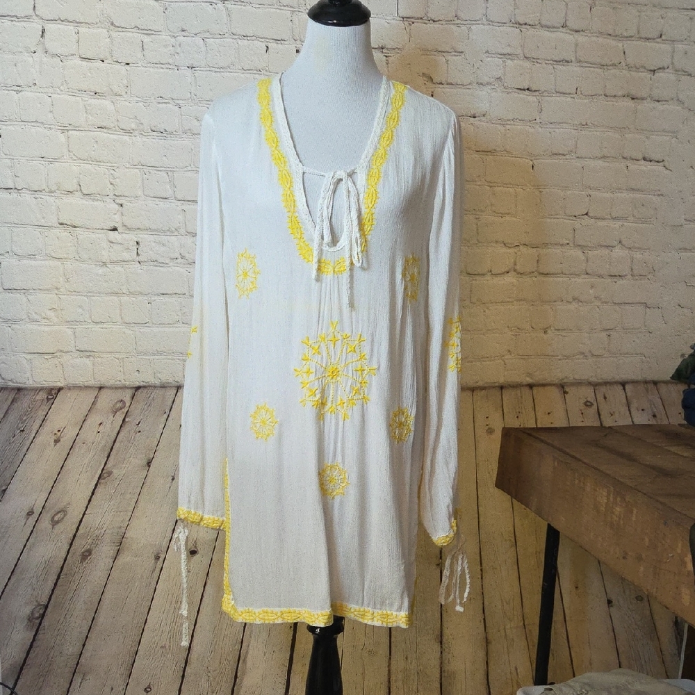 White and Yellow Embroidered Swim Coverup